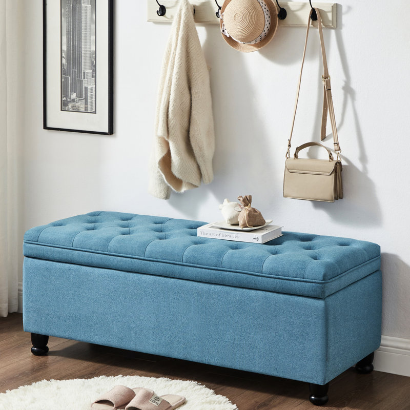 Banc de rangement boutonné en lin avec revêtement bleu et tissu de fabrication en bois massif revêtu de pieds sécurisés