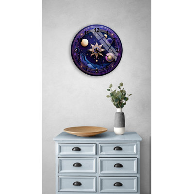 Horloge murale ronde en verre trempé 24 po Celestial Planets and Guiding Star