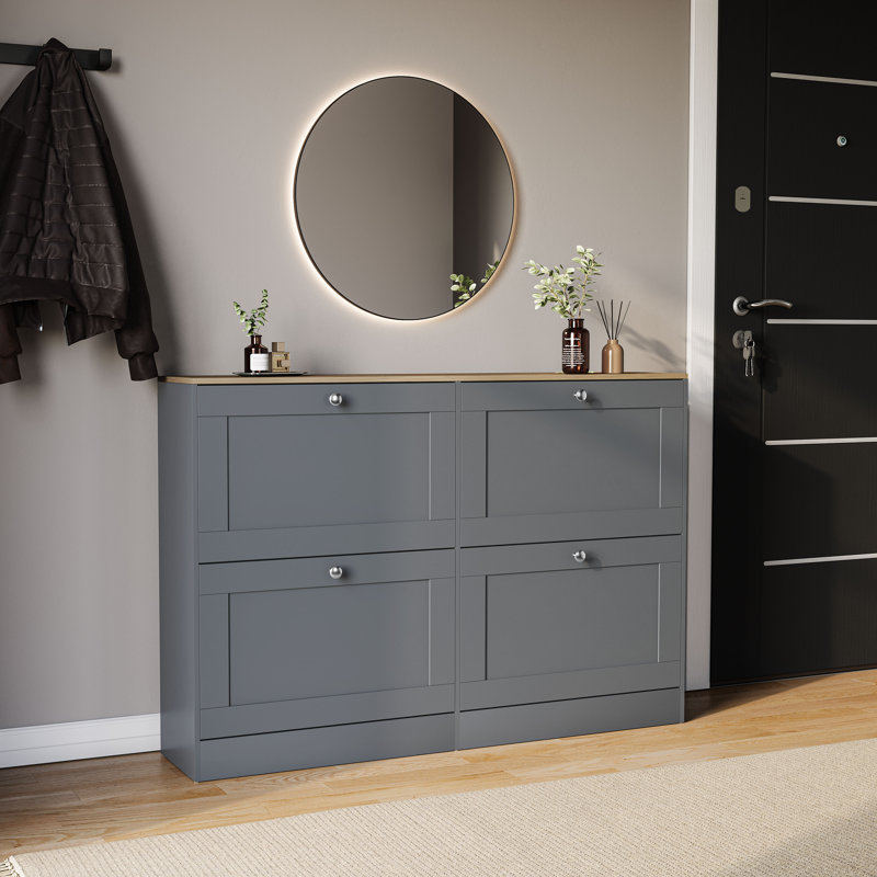 4 Drawer Shoe Cabinet with Oak Top Modern Shoe Storage For Hallway Living Room & Bedroom, Grey/Oak