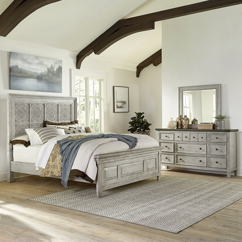 Ensemble de chambre à coucher avec lit à panneaux, commode et miroir Haylee, 3 pièces: lit, commode, miroir