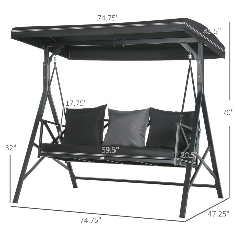 Balancelle de véranda pour trois personnes, avec auvent noir et coussin de siège inclinable 3