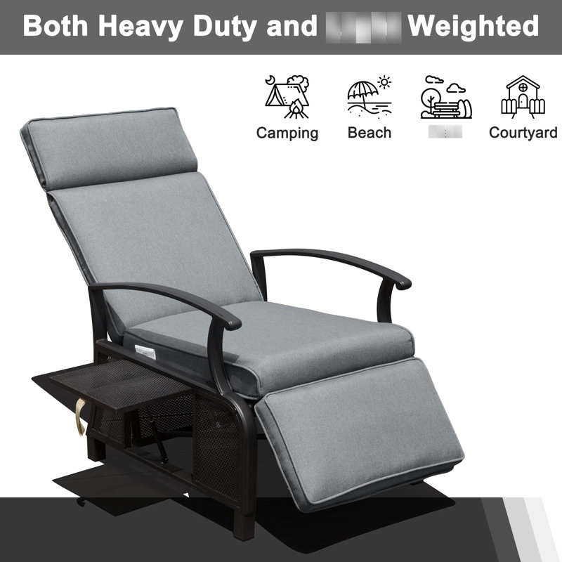 Gray Metal Patio Recliner With 150 - Degree Adjustable Angle, 6.8'' Thick Removable Cushions, And Flip Table Outdoor Reclining Chair Recline, Ergonomic , 350Lbs Support