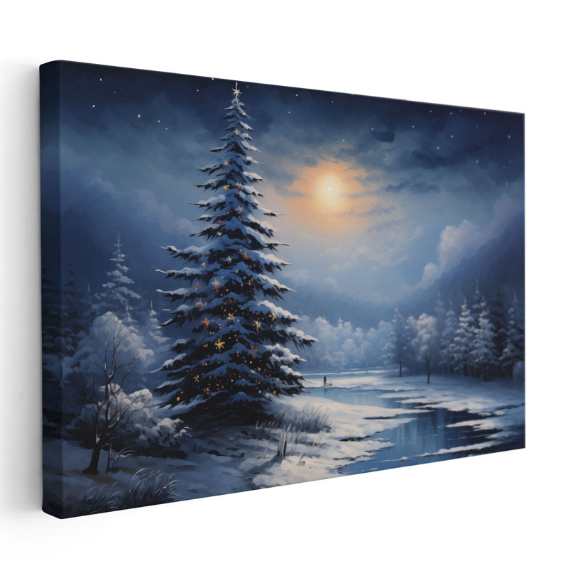«Snowy Nocturnal Serenity», reproduction d'art murale, Toile avec cadre flottant brun, H 24 po x l 36 po x P 1,25 po