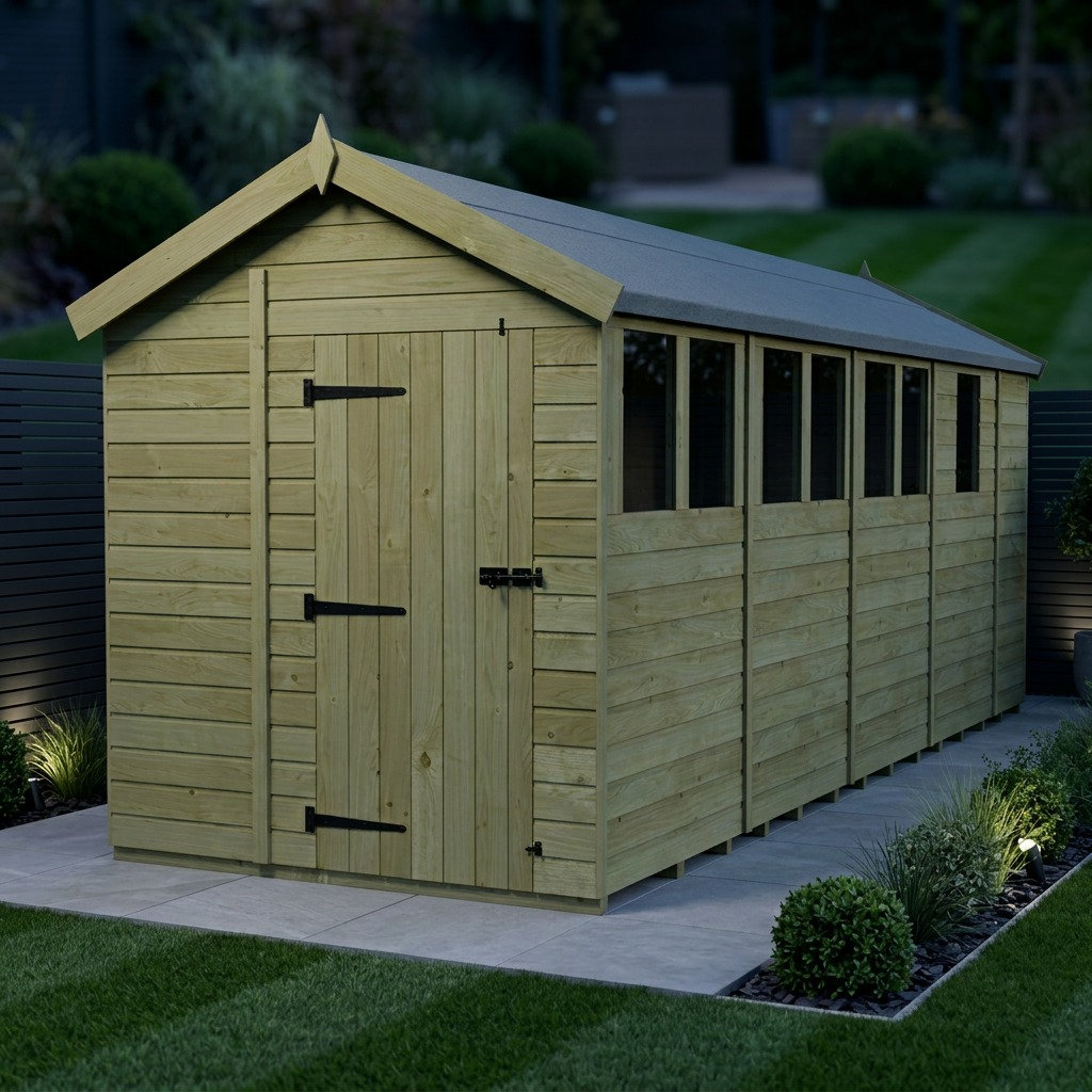 Total Sheds 6ft x 17ft Apex Garden Shed - Single Door - With Windows - Pressure Treated Timber - UK Manufactured
