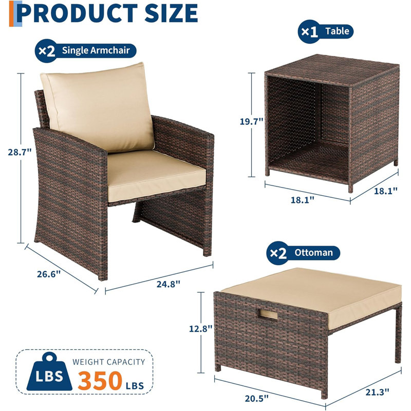 5 Piece Wicker Patio Furniture Set With Side Table,Outdoor Patio Chair With Ottoman