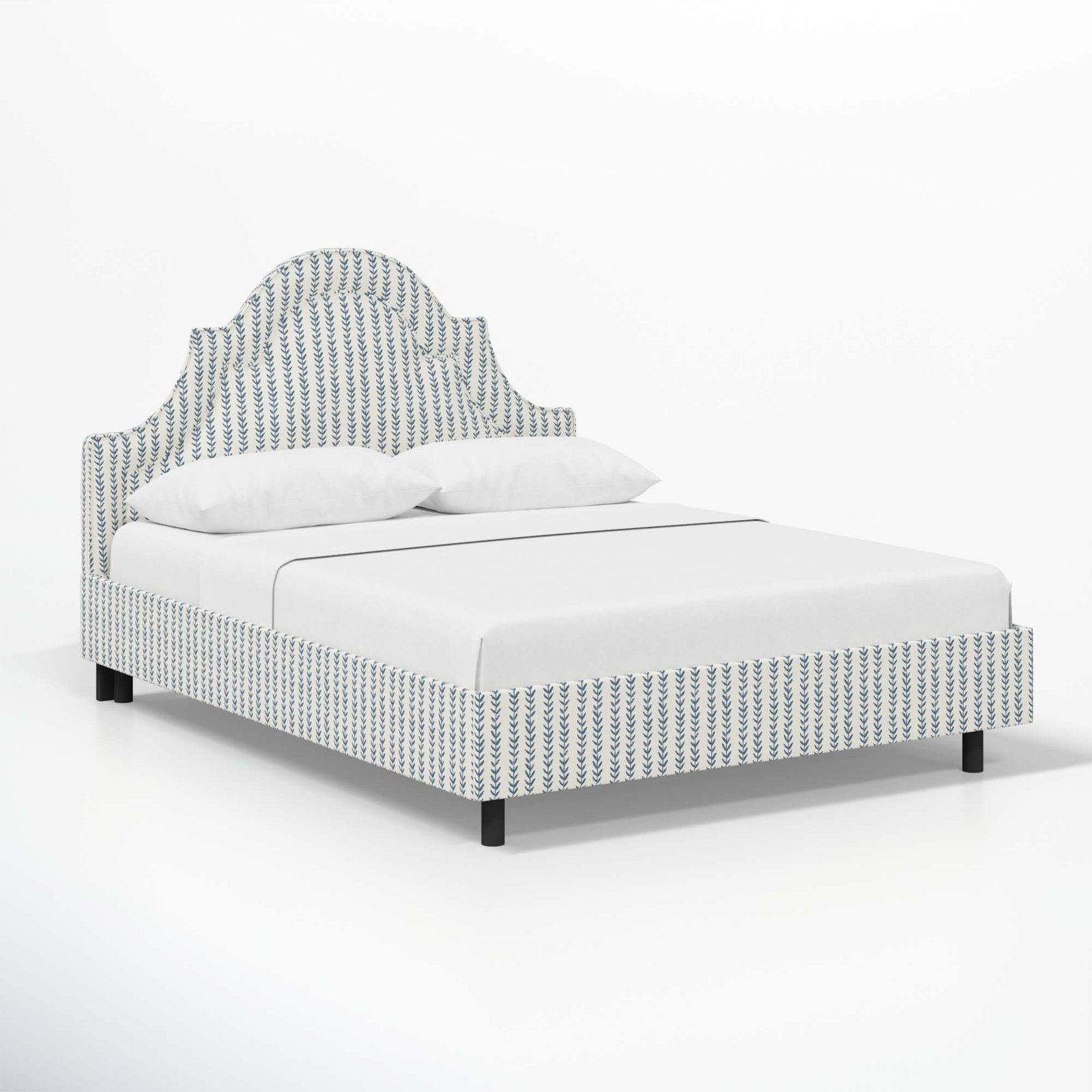 Knipe Upholstered Scalloped Bed, California King, Vine Stripe Dusty Blue