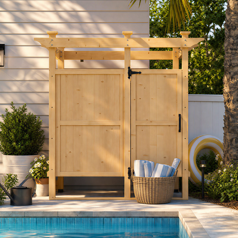 Cabine de douche d'extérieur en bois de cèdre de qualité supérieure | Portes d'intimité verrouillables