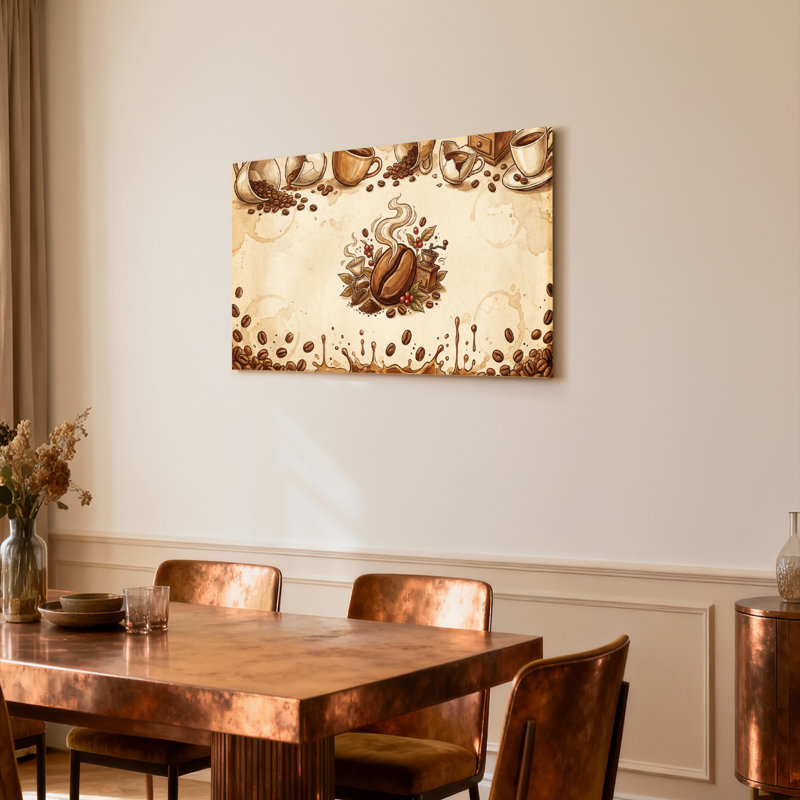 Ensemble de 1 tableau sur toile de style vintage « Grains de café et tasses »., H 20 po x l 30 po