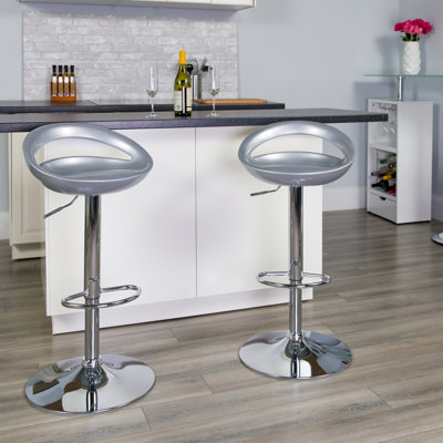 Contemporary Plastic Adjustable Height Barstool with Rounded Cutout Back and Chrome Base
