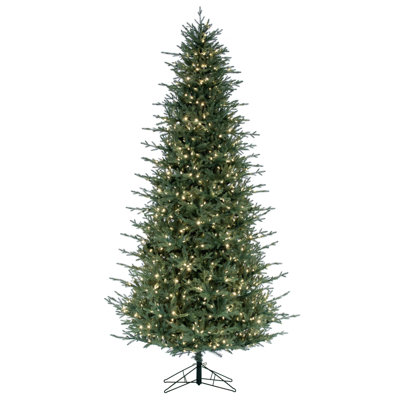  14' x 88" Slim Itasca Fraser Fir Artificial Pre-Lit Christmas Tree with 2650 Warm White LED Mini Lights, 9488 Realistic PE/PVC Tips, 6' Step On/Off Power Cord and Folding Metal Tree Stand. Assembly is required.