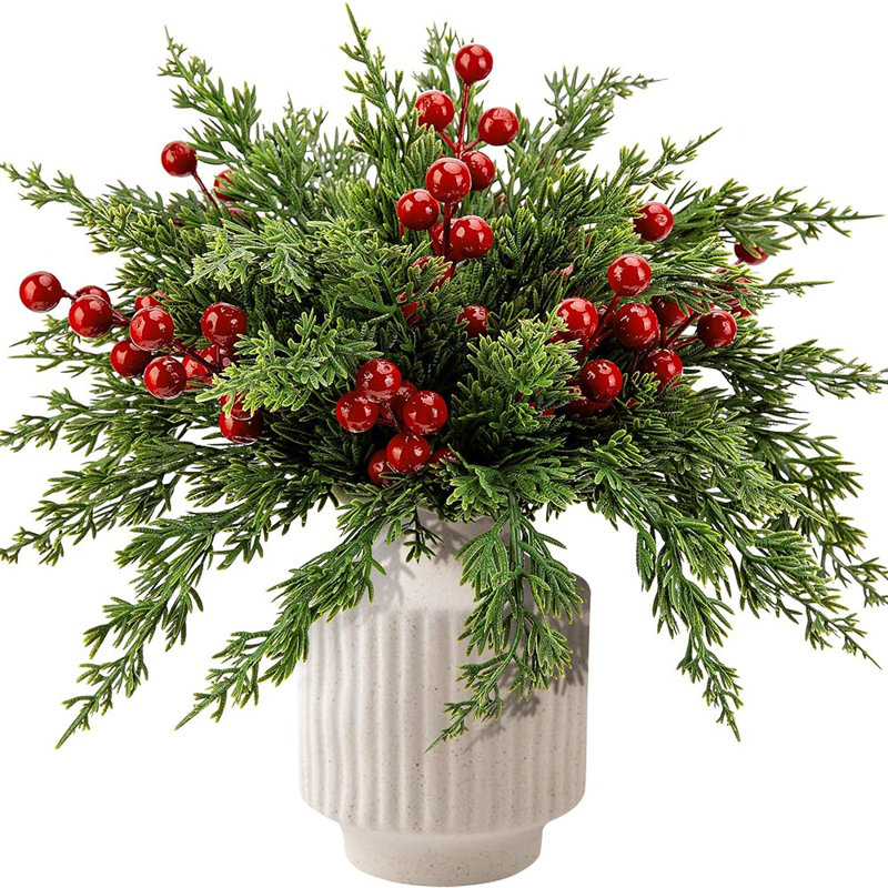 60 Pcs Christmas Artificial Pine Branches With Red Berry Stems- 10.5" Faux Evergreen Norfolk Pine Cypress Leaves Stems- Fake Foliage Pine Needles Picks For DIY Craft Garland Home Decor