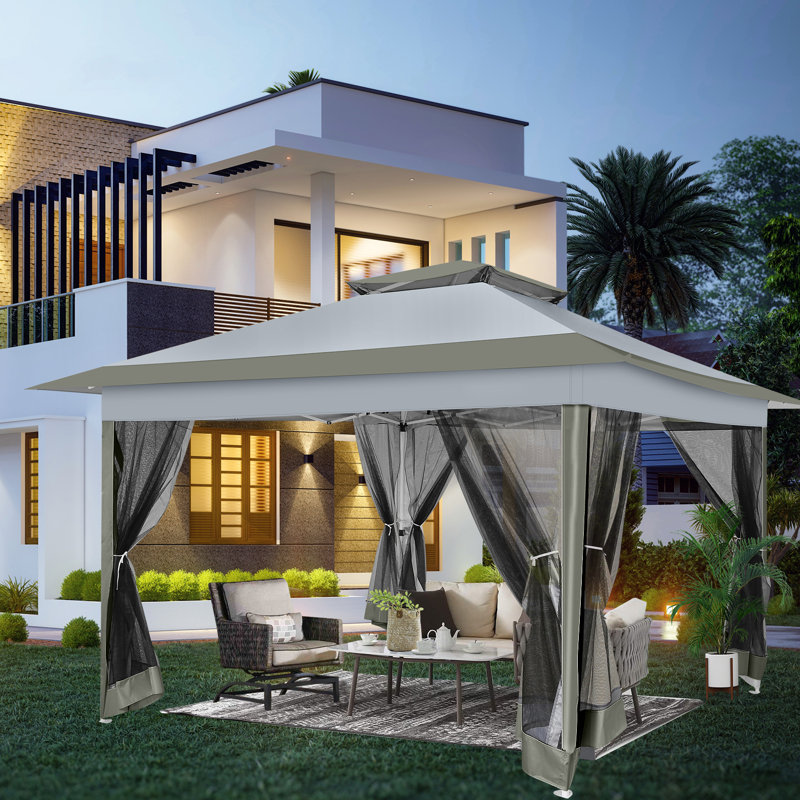 12x12 Outdoor Pop Up Canopy with Mosquito Netting Patio Tent, Dark Gray