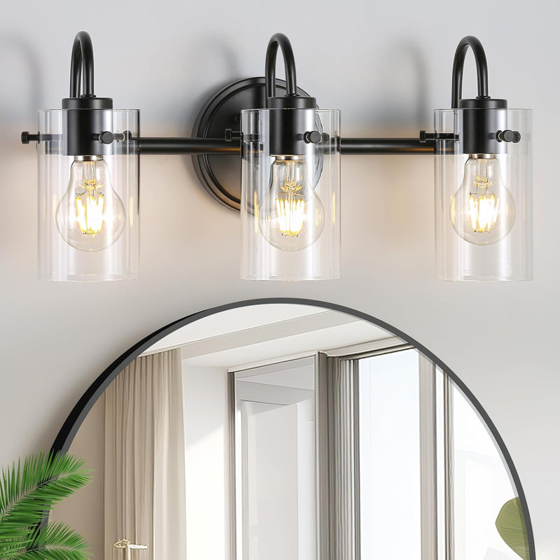 Modern 3-Light Vanity Fixture With Clear Glass Shades, Wall Sconce For Bathroom, Kitchen, Living Room, And Porch, Matte Black