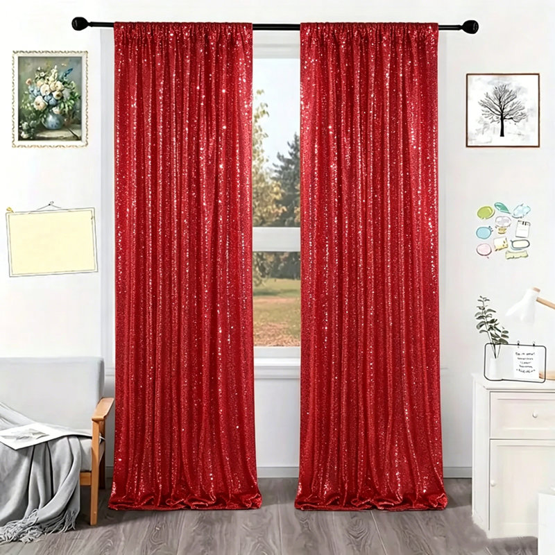 2 rideaux rouges de luxe à 2 panneaux, rideaux de couleur unie à paillettes de ciel étoilé pour rideaux en polyester de décor de fête de mariage 61 * 243Cm / 24 * 95,67 "
