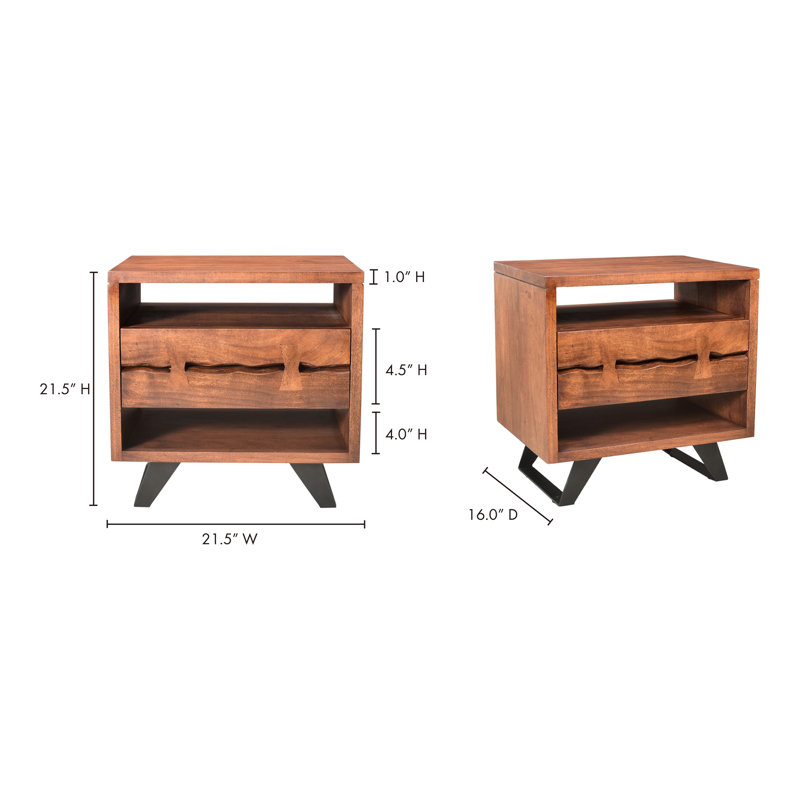 Acacia Wood and Steel 1-Drawer Nightstand with Open Shelves