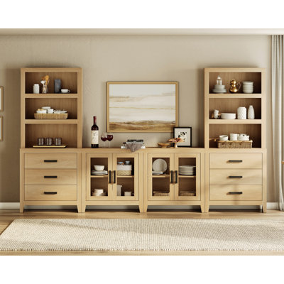 Farmhouse Entertainment Center With Bookshelves, 4-Piece Modular TV Stand With Drawers, Glass Doors, Open Shelves,  Media Console For Living Room, Home Theater, Beige