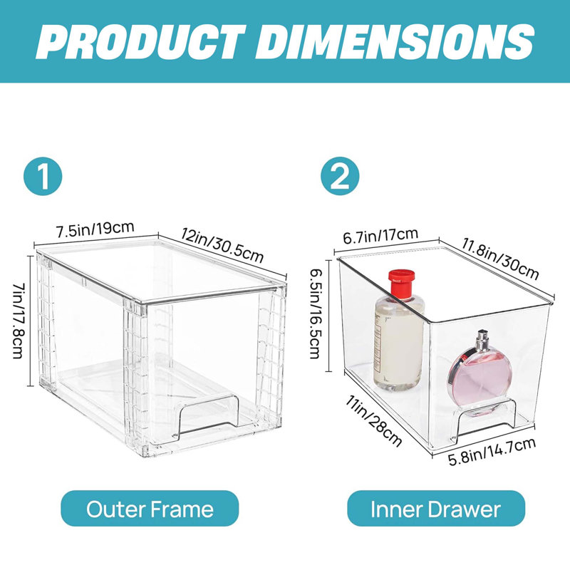 Ensemble de 4 tiroirs de rangement empilables - grands bacs en acrylique, transparents, salle de bain, cuisine, rangement