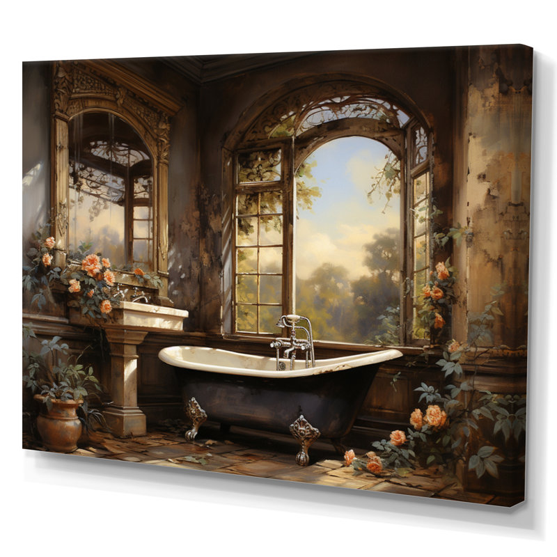«Bathroom Vintage Elegance I» - Art mural de salle de bain, H 24 po x l 32 po x P 1 po, Toile tendue