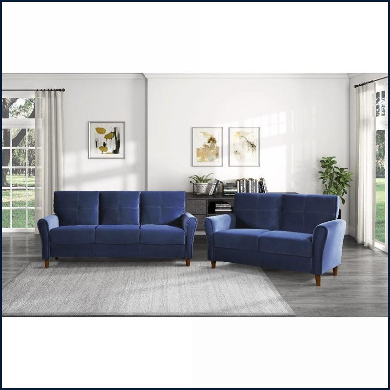 Canapé moderne en velours bleu pour 3 personnes - Dossier capitonné moelleux, structure en bois massif pour le salon | Bleu | Bois massif | Velours