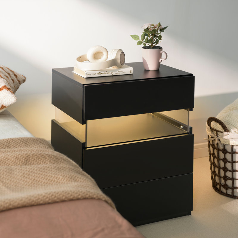 19.7'' W Modern 3 - Drawer Nightstand With LED Light, Black