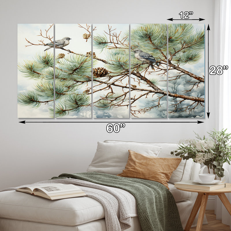 " Bird On Pine Tree I " 5 - Pieces