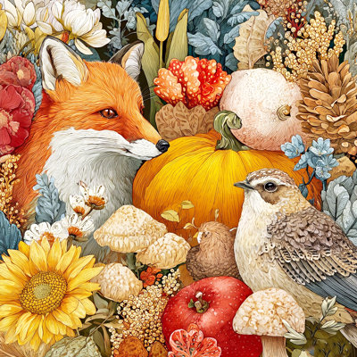 Fox and Bird Autumn Harmony Wrapped Canvas Wall Art