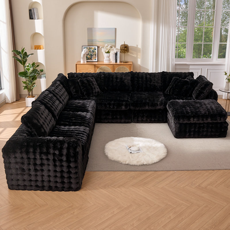 8 - Piece Compression Modular Upholstered Boneless Sectional, Black Faux Fur