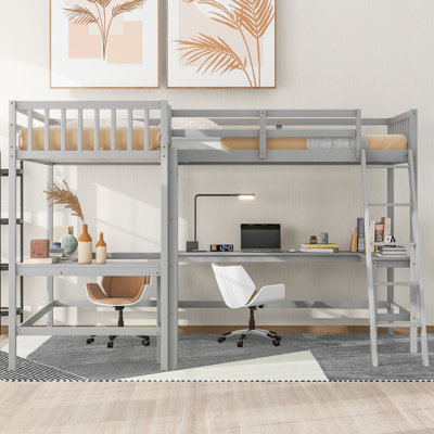 Twin Size L-Shaped Loft Bed with Ladder and 2 Built-in L-Shaped Desks, Maximizing Space and Functionality for Modern Bedrooms.