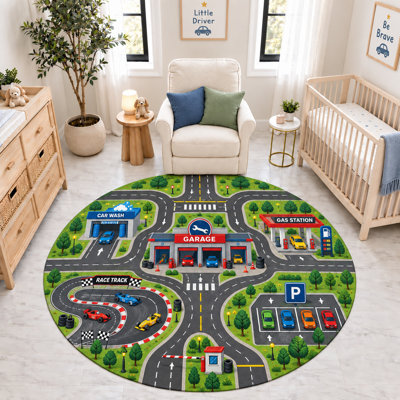 "Ultra Thin" 6' x 6' Car Garage Race Track Gas Station Round Area Rug, Soft Low Pile Indoor Rug and Non-Slip Silicone Backing Carpet for Nursery, Kids Room and Playroom