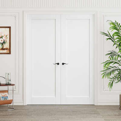 Interior 1-Panel Solid Core Door, CARB P2 Certified MDF Double French Doors, Includes Matte Black Hardware-Privacy Door Lever with Lock, Latch & Hinges, Pre‑Finished & Waterproof, Pantry, Bedroom, Bathroom & Closet, Easy DIY Stain, 56"x 96"