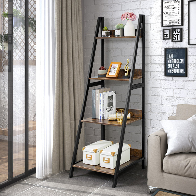 Ciqala Ladder Bookshelf 4 Layer Bookcase with Backboard, Vintage Brown