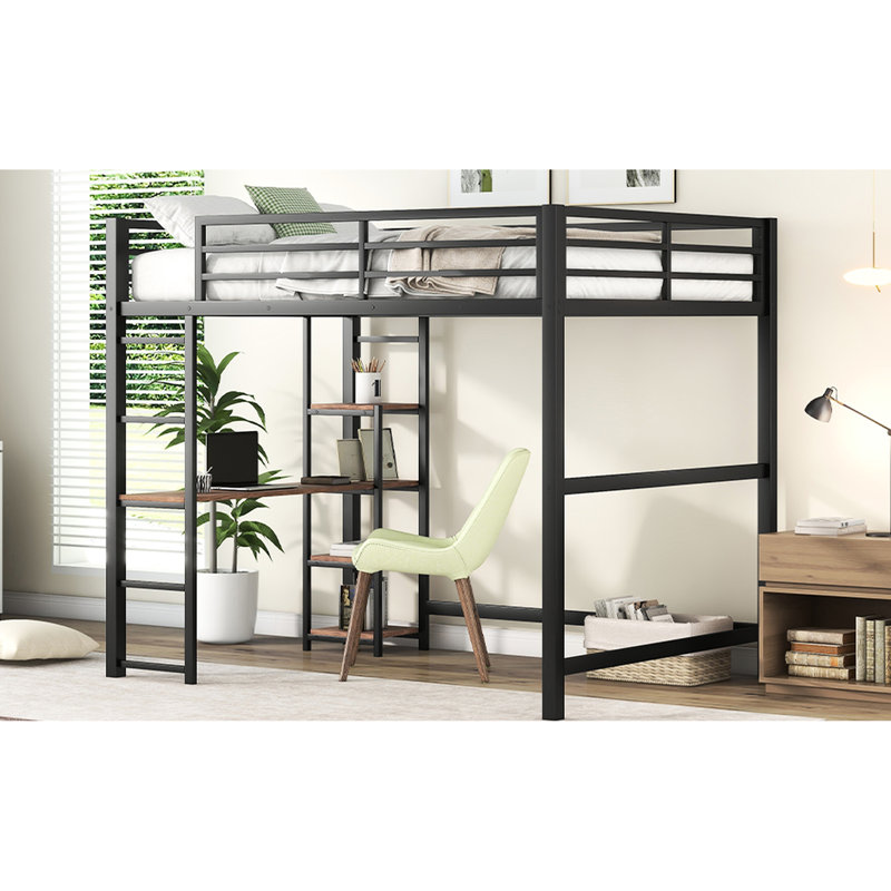 Lit mezzanine double noir avec bureau intégré et tablettes - Structure en métal pour une structure de rangement durable