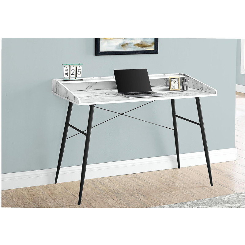 Bureau d'ordinateur, bureau personnel, ordinateur portable, tablettes de rangement, bureau de 48 po, stratifié aspect marbre blanc, métal noir, contemporain, moderne