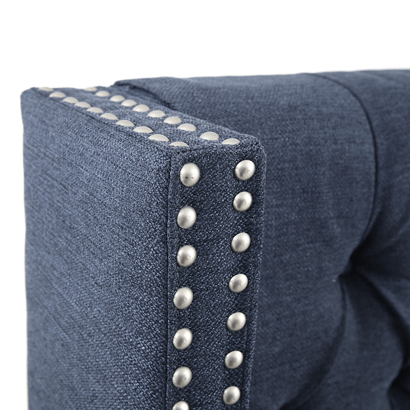 Navy Upholstered Headboard For Queen Bed, Button With Double Nailhead Accents, Adjustable Height Metal Legs Transitional Tufting, Trim, Black Height,