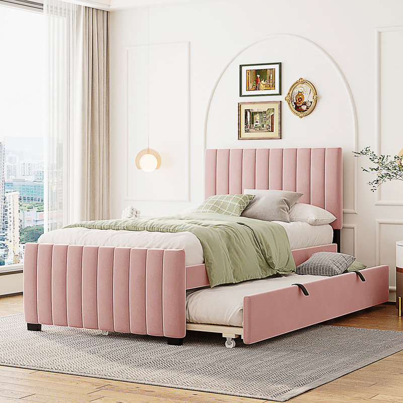 Lit plateforme tapissier en velours avec lit gigogne, Simple, Rose