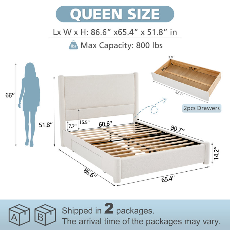 Lit plateforme rembourré Coletti avec tête de lit de 131,6 cm (51,8 po) de hauteur et 2 grands tiroirs de rangement en bois, blanc, format Queen