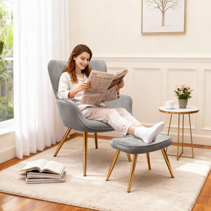 Velvet With Footstool Armchair