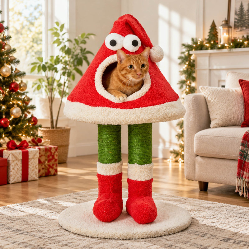 Arbre à chat de Noël avec poteaux à griffer en sisal et lit en peluche, motif de chapeau de père Noël, rouge