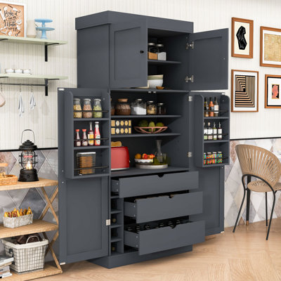 Kitchen Pantry Cabinet with Adjustable Shelves, 3 Drawers, Wine Racks and Door Shelves