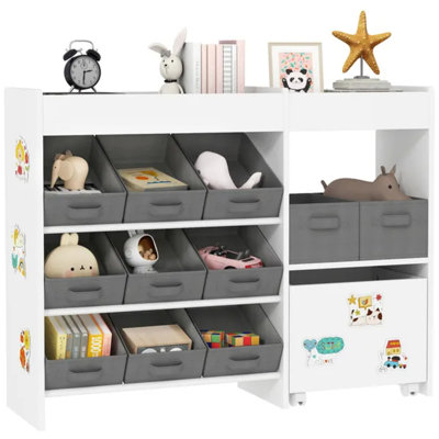 Kids Toy Storage Organizer with 11 Bins, Moveable Cabinet, Top Shelves, 3 Stickers, for Nursery, Playroom, White