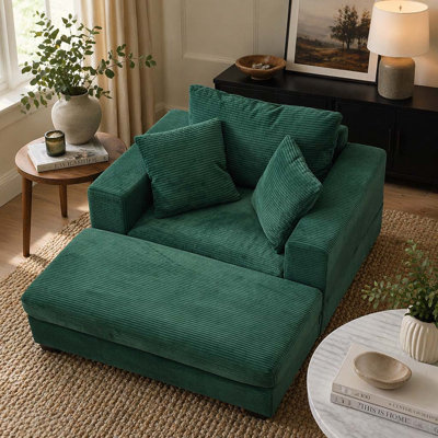 Corduroy Upholstered Chaise Lounge Chair with Removable Ottoman, Pet-Friendly Deep Seat Accent Chair with Lumbar Pillows, Ergonomic High Resilience Sponge Lounge Couch for Living Room Bedroom Apartment