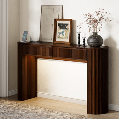 Console 55 po Tambour avec plateau ovale, 2 tiroirs cachés, lumières DEL et station de charge pour le salon, le couloir, le vestibule et le vestibule
