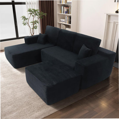 Boneless 105.7"Cloud Sectional Couch With U-Shaped Chaise,Modern Modular Sofa With Deep Seat, Upholstered Boneless Couches For Living Room Bedroom,No Assembly Required,(Corduroy Fabric),Black