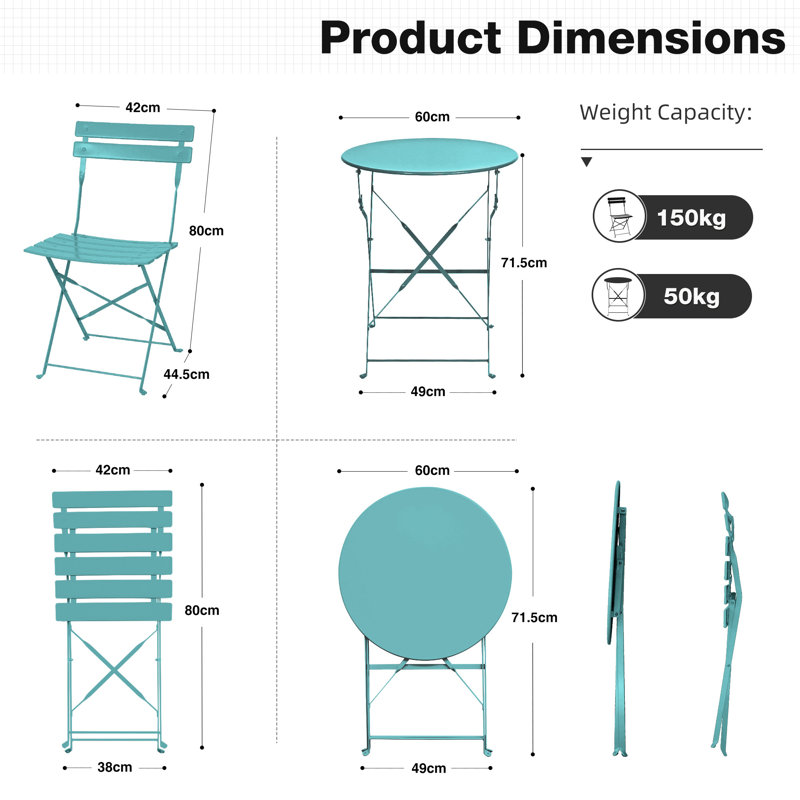 2 - Person Patio Dining Set with Round Table, Peacock Blue