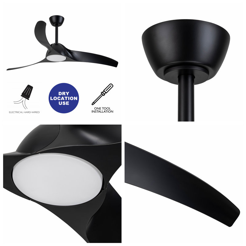 52in. 3-blades Woodgrain Finish Dimmable Changeable 3000k/4000k/5000k Led Ceiling Fan With Remote Control, Matte Black