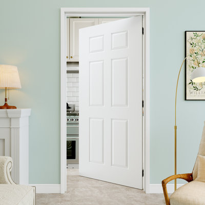 36" x 80" 6-Panel Molded Solid Interior Prehung Door with Black Hinges, Solid Core Door Slab, Paintable & Waterproof, Suit for Laundry, Closet Doors, Room Doors, Right Hand