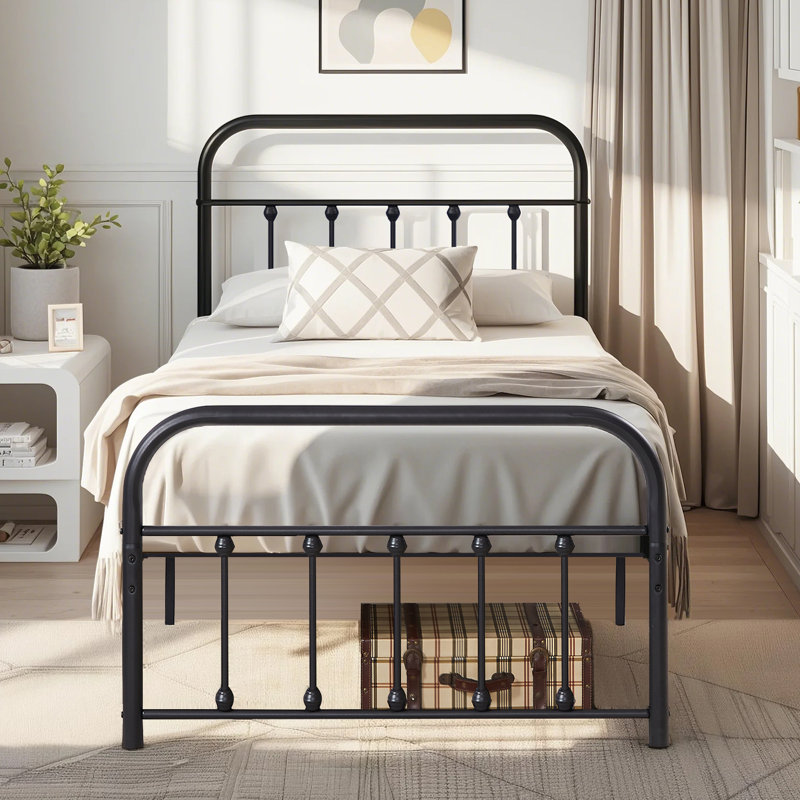 Base de lit simple avec tête de lit et pied de lit Kempst, base de lit plateforme classique en métal, sommier avec support à lattes métalliques robustes, aucun sommier requis, silencieux