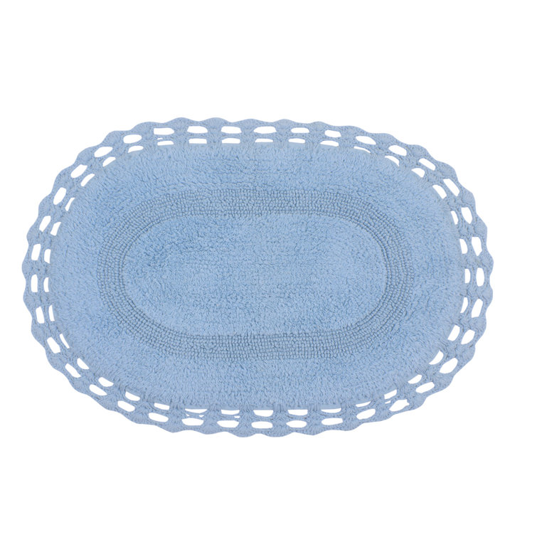 Tufted Chenille Oval Bath Mat With Hand-Crocheted Trim - Blue