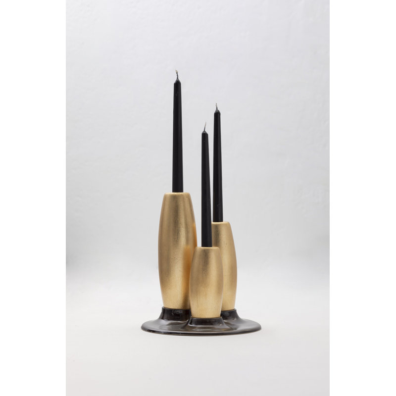 Salar Decorative Ceramic Candleholder With Gold Leaf Solid Wood Plynths By Andean, In Stock, Gold/Black