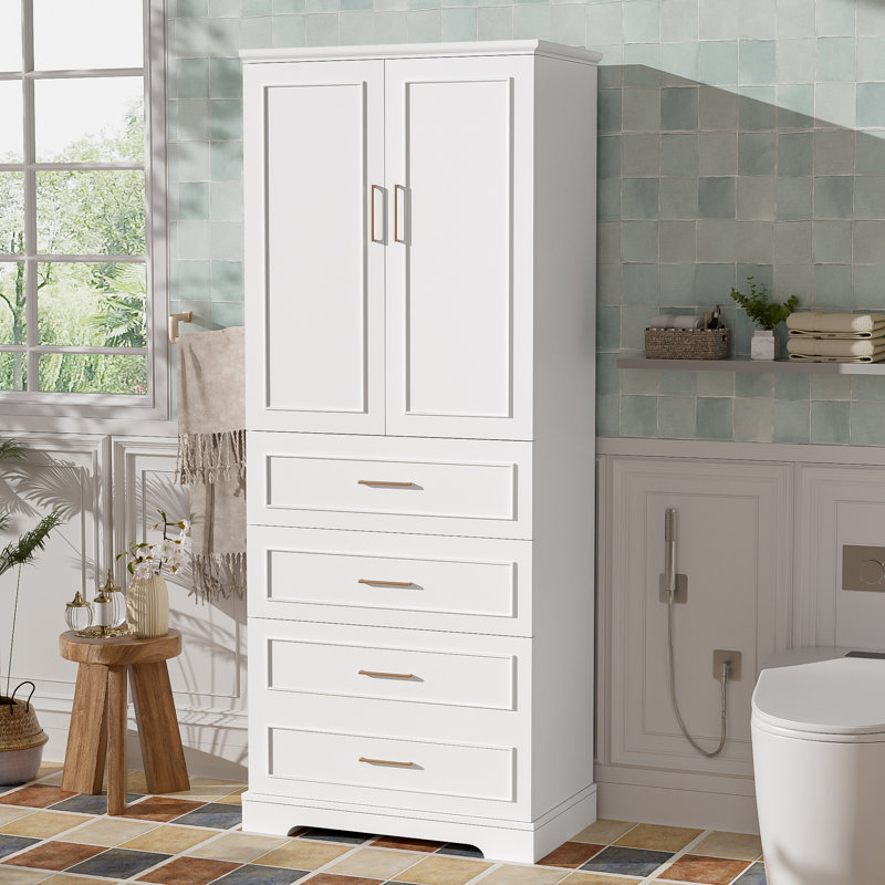 Armoire de salle de bain moderne autoportante 72,2 po de hauteur 72,2 po avec 3 tiroirs, Blanc